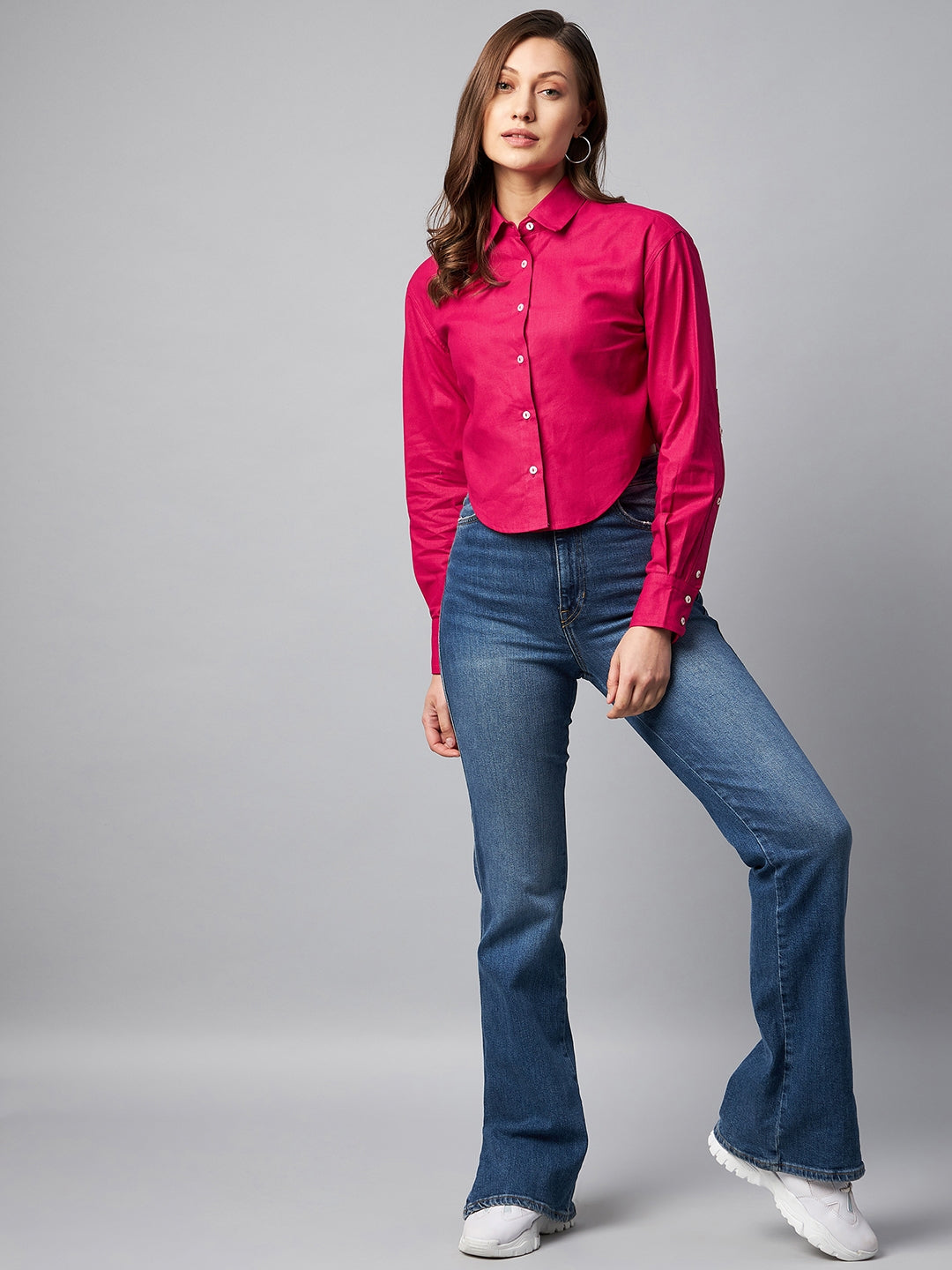 Spread Collar Cotton Crop Casual Shirt