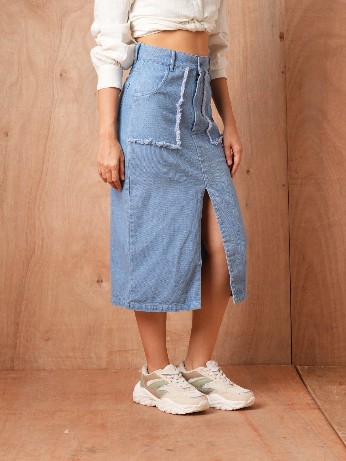 Blue Faded A-Line Midi Skirt
