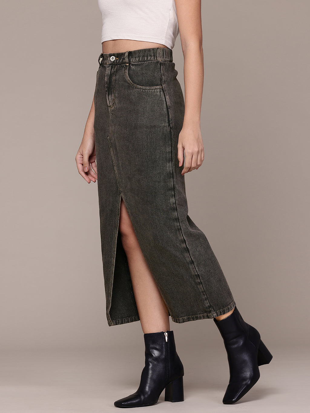 Washed Pure Cotton Denim Straight Midi Skirt with Front Slit