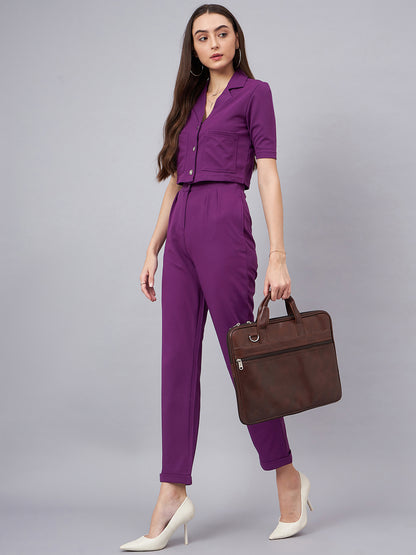 PURPLE Notched Lapel Collar Crop Top With Trouser