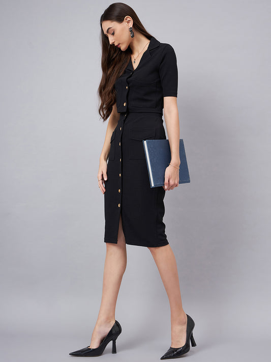 Black Crop Top With With Button Detail Skirt