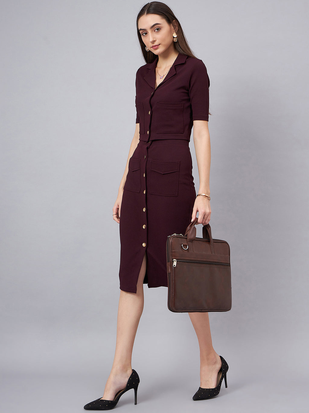 Maroon Crop Blazer With Button Detail Skirt