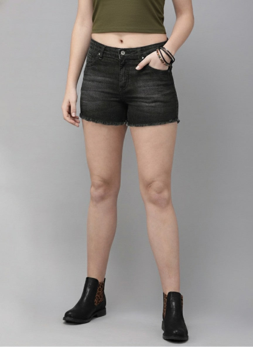 Black Washed Regular Fit Denim Shorts