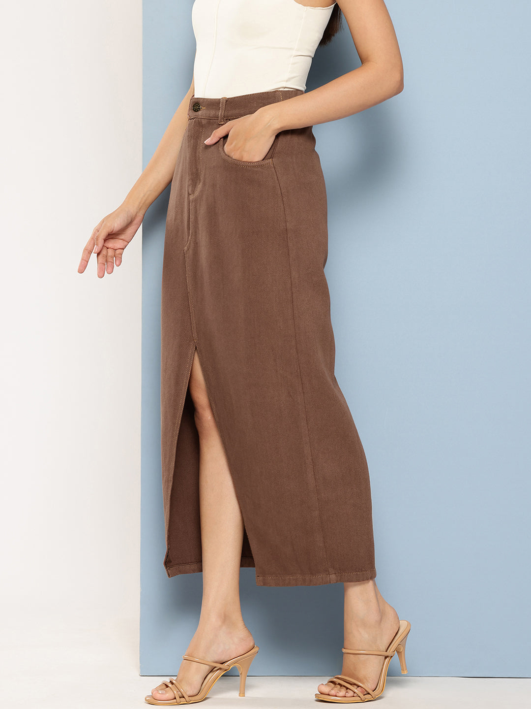 Pure Cotton Denim Straight Maxi Skirt with Front Slit