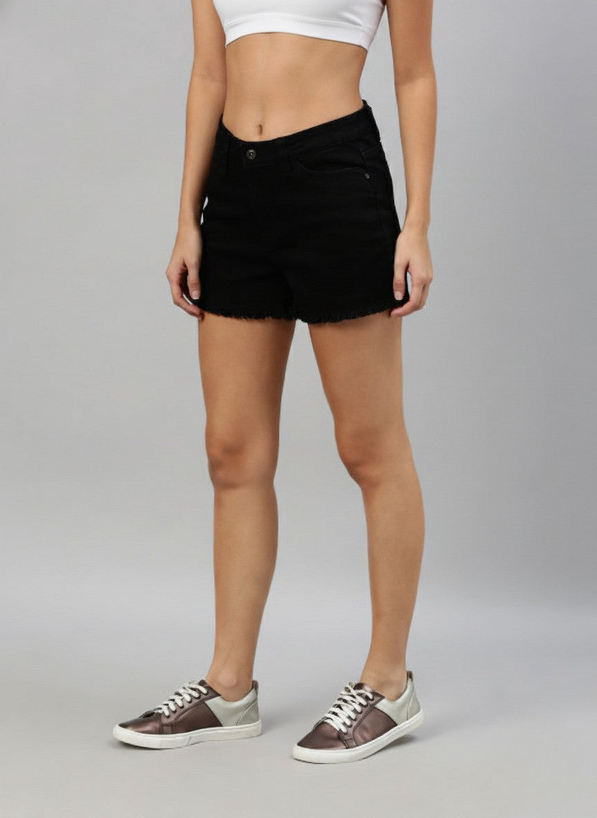 Black Solid Regular Fit Denim Shorts