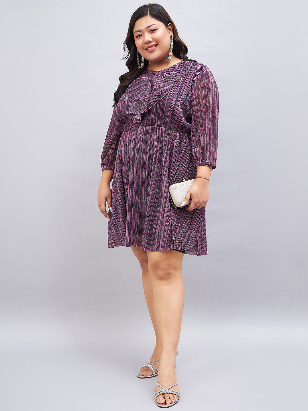 Purple Embellished Puff sleeves Fit And Flare Dress
