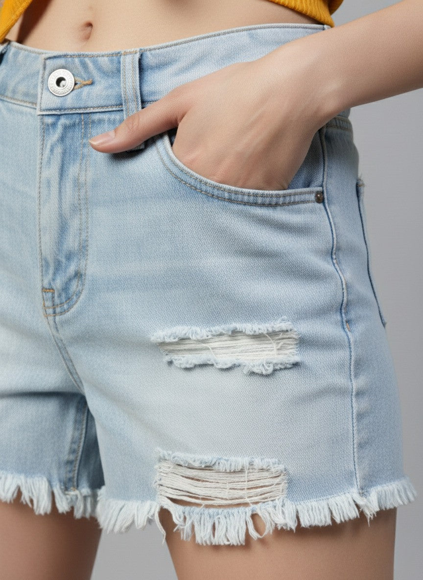 Blue Washed Regular Fit Denim Shorts