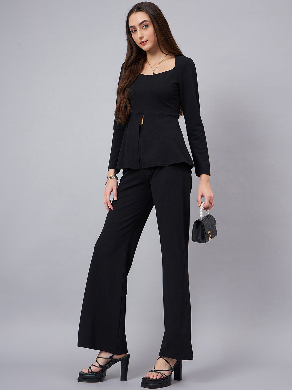 Black Sweetheart Neck Peplum Top With Flared Trousers