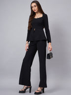 Black Sweetheart Neck Peplum Top With Flared Trousers