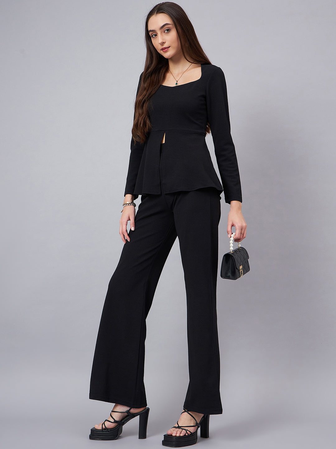 Black Sweetheart Neck Peplum Top With Flared Trousers