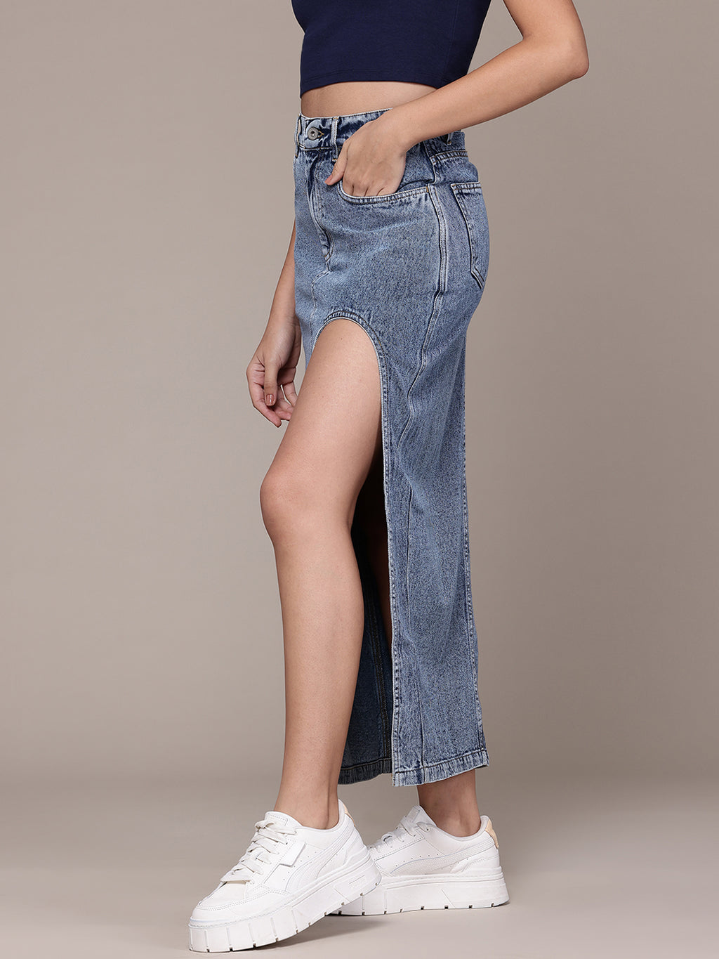 Pure Cotton Straight Denim Maxi Skirt with Cut-Out Detail