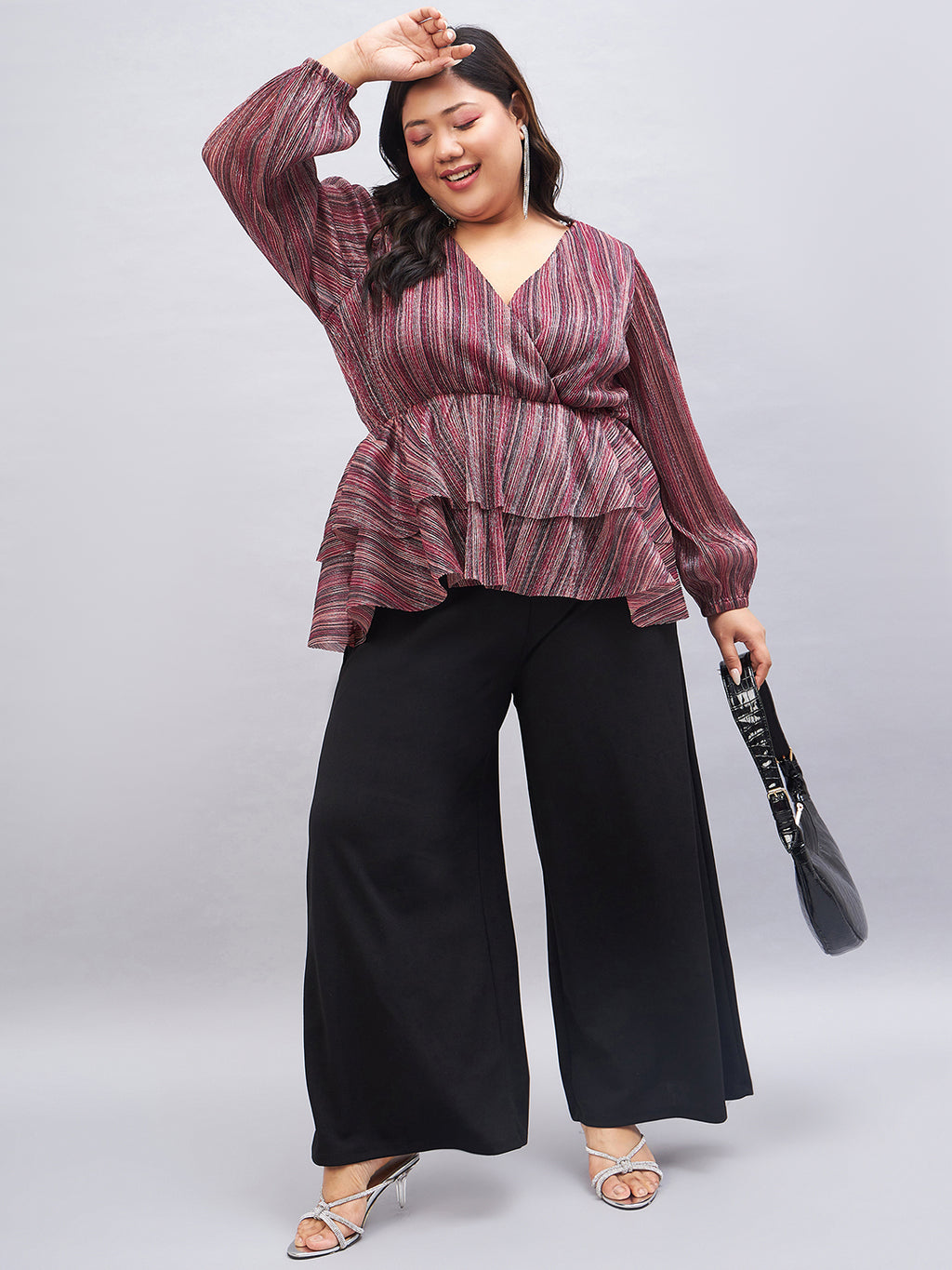 Plus Size Striped Puff Sleeve Layered Top