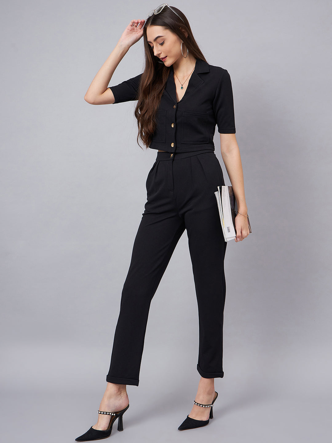 Black Notched Lapel Collar Crop Top With Trouser