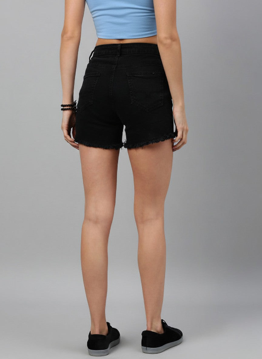 Black Washed Regular Fit Frayed Hem Denim Shorts