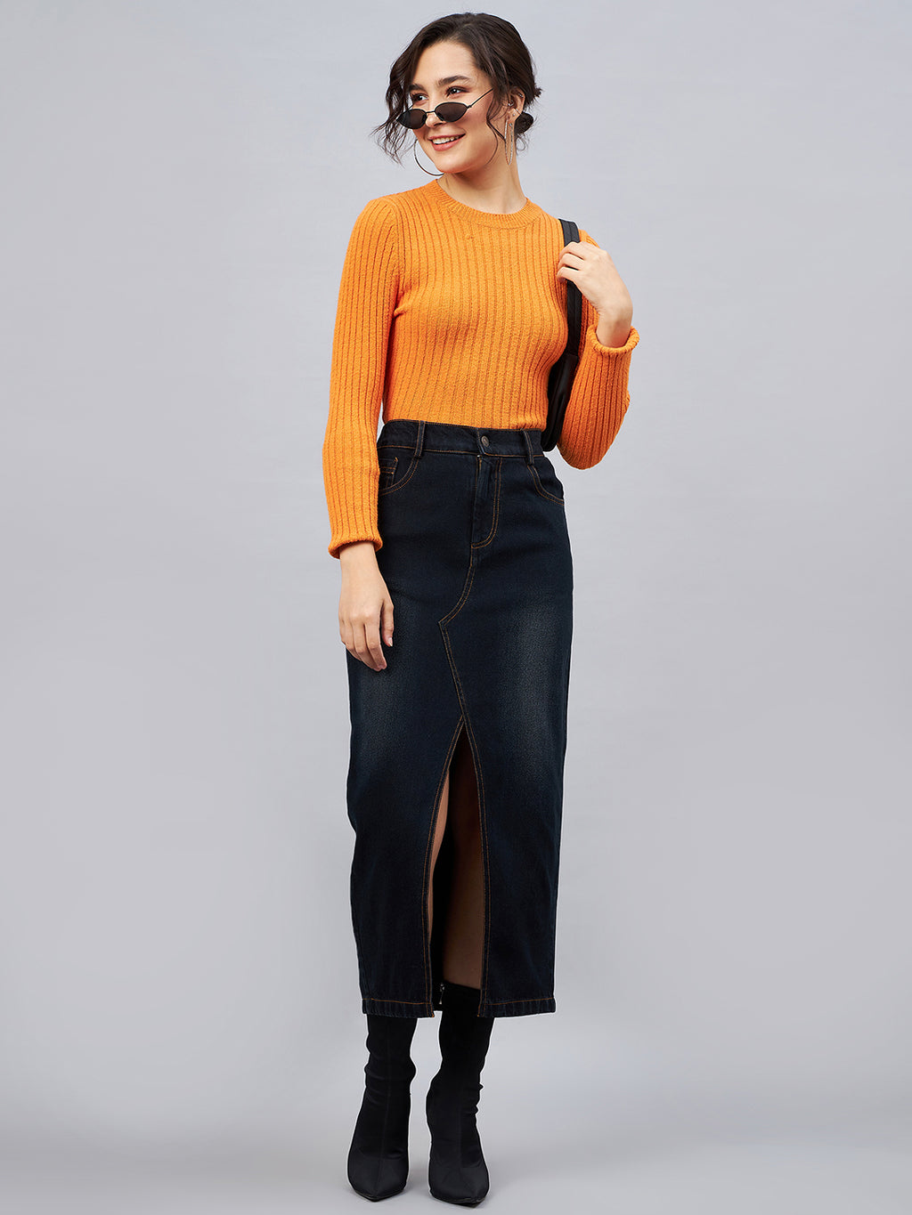 Black Front Slit Denim Straight Skirt