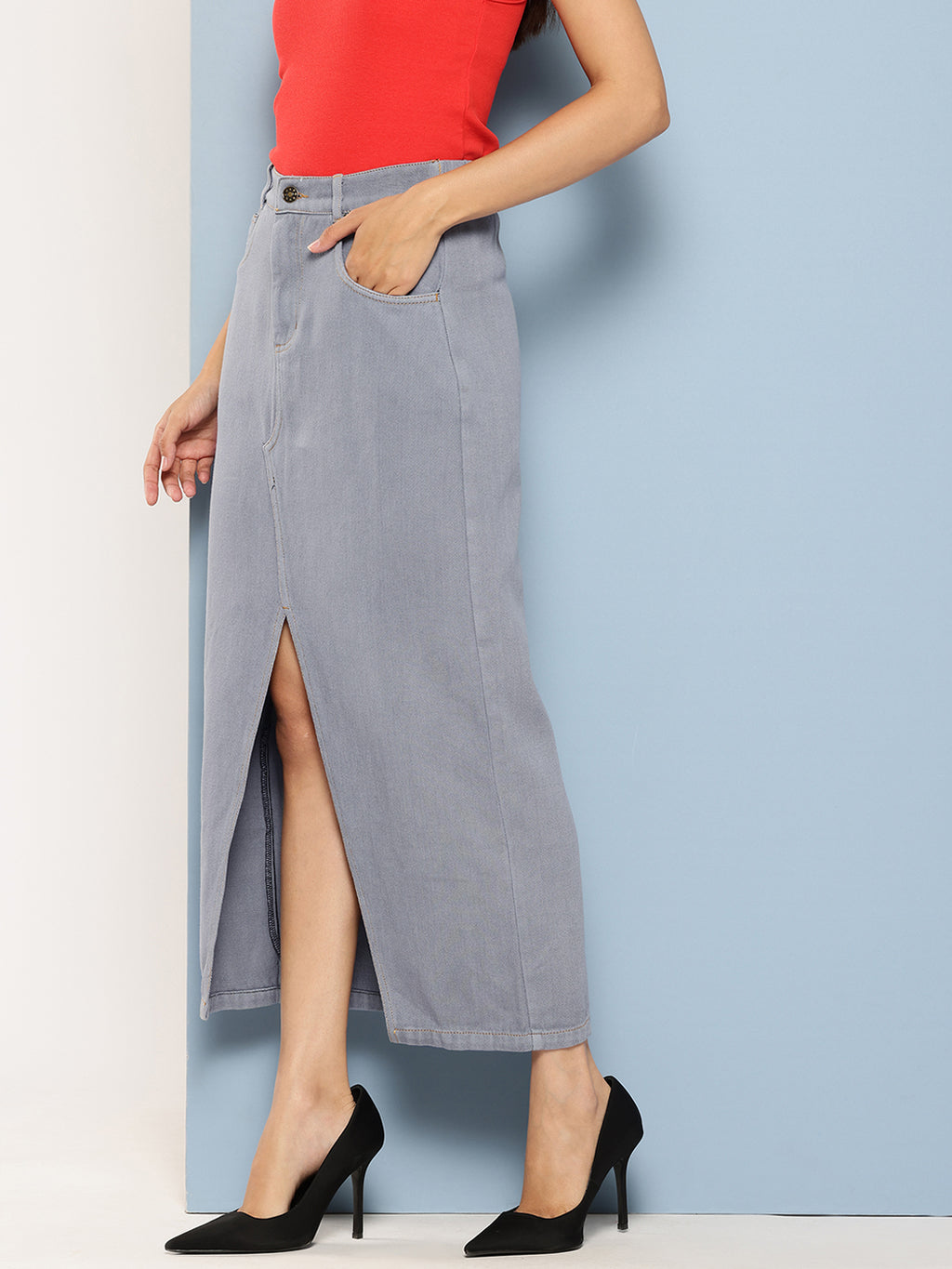Grey Pure Cotton Denim Straight Maxi Skirt with Front Slit