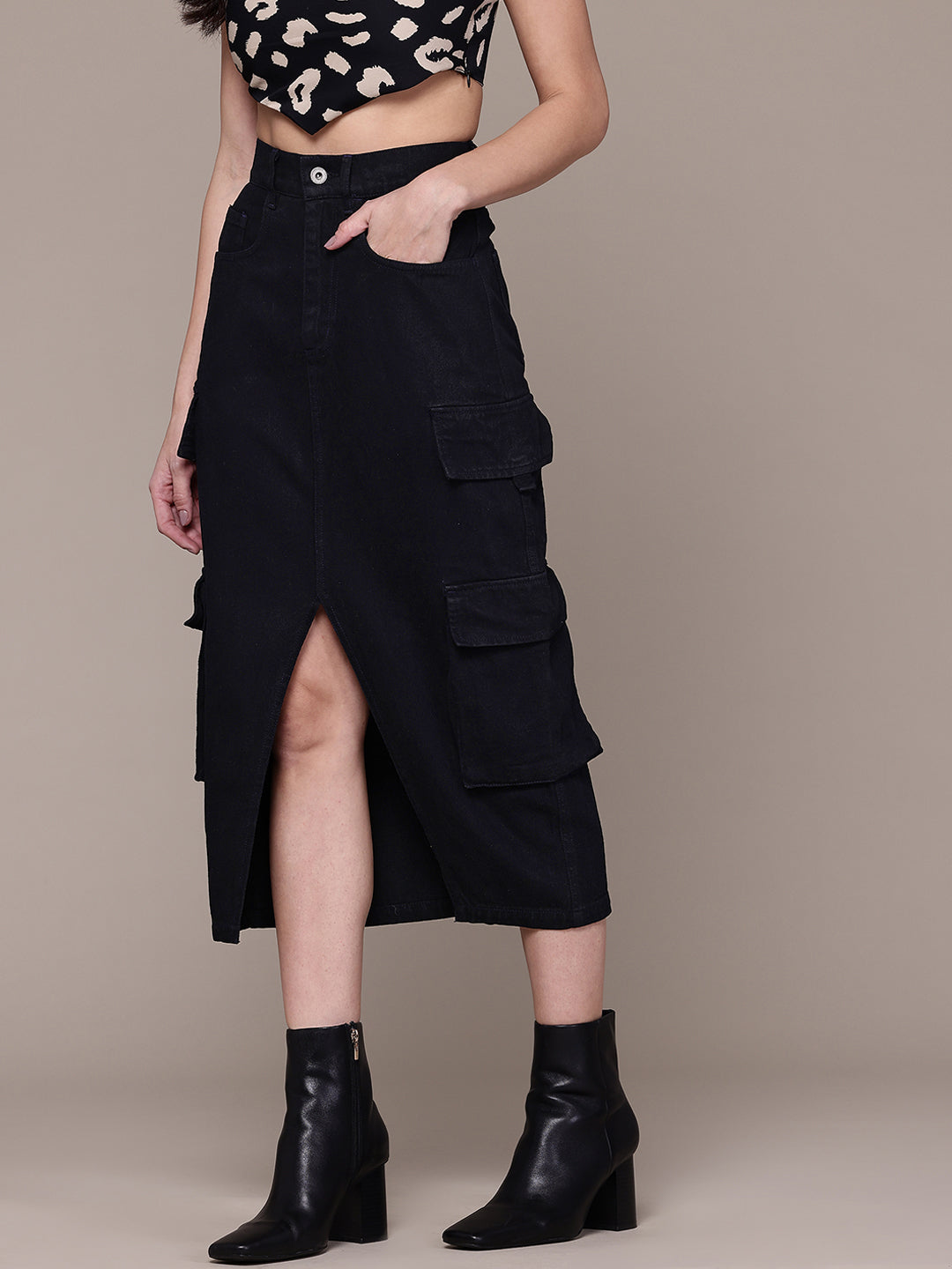 Pure Cotton Black Straight Cargo Denim Midi Skirt with Front Slit