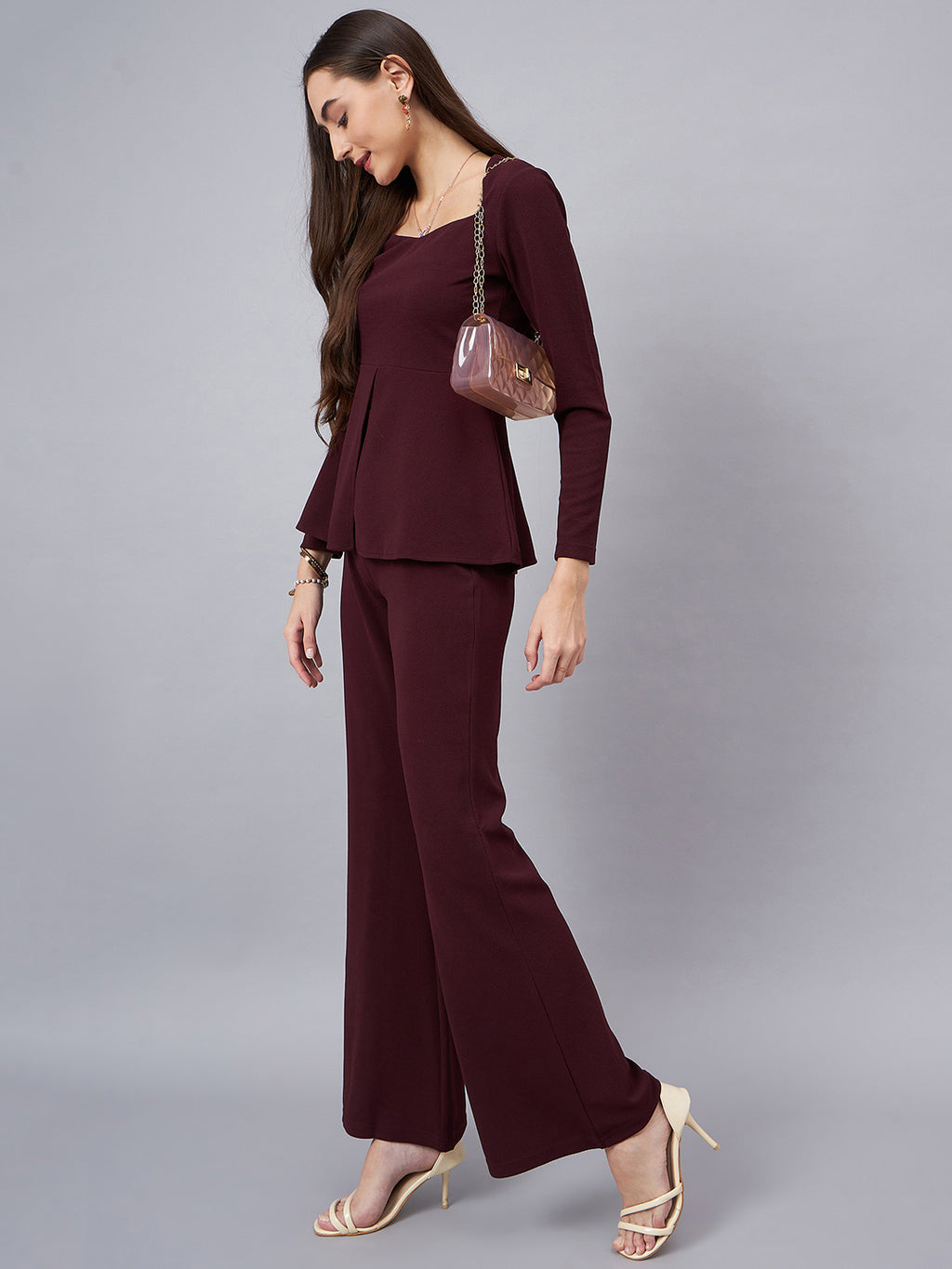 Sweetheart Neck Peplum Top With Flared Trousers