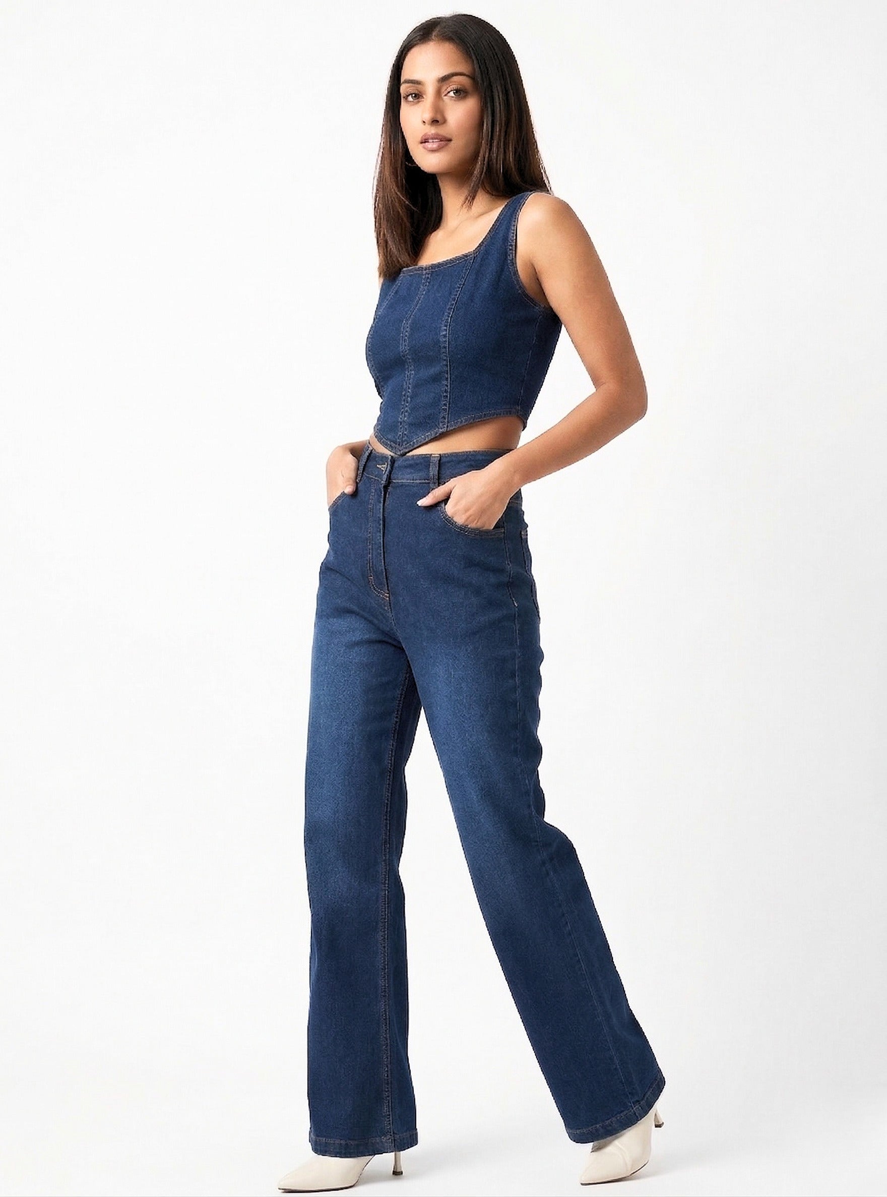 Women’s Denim Co-Ord Set with Crop Top and Jeans