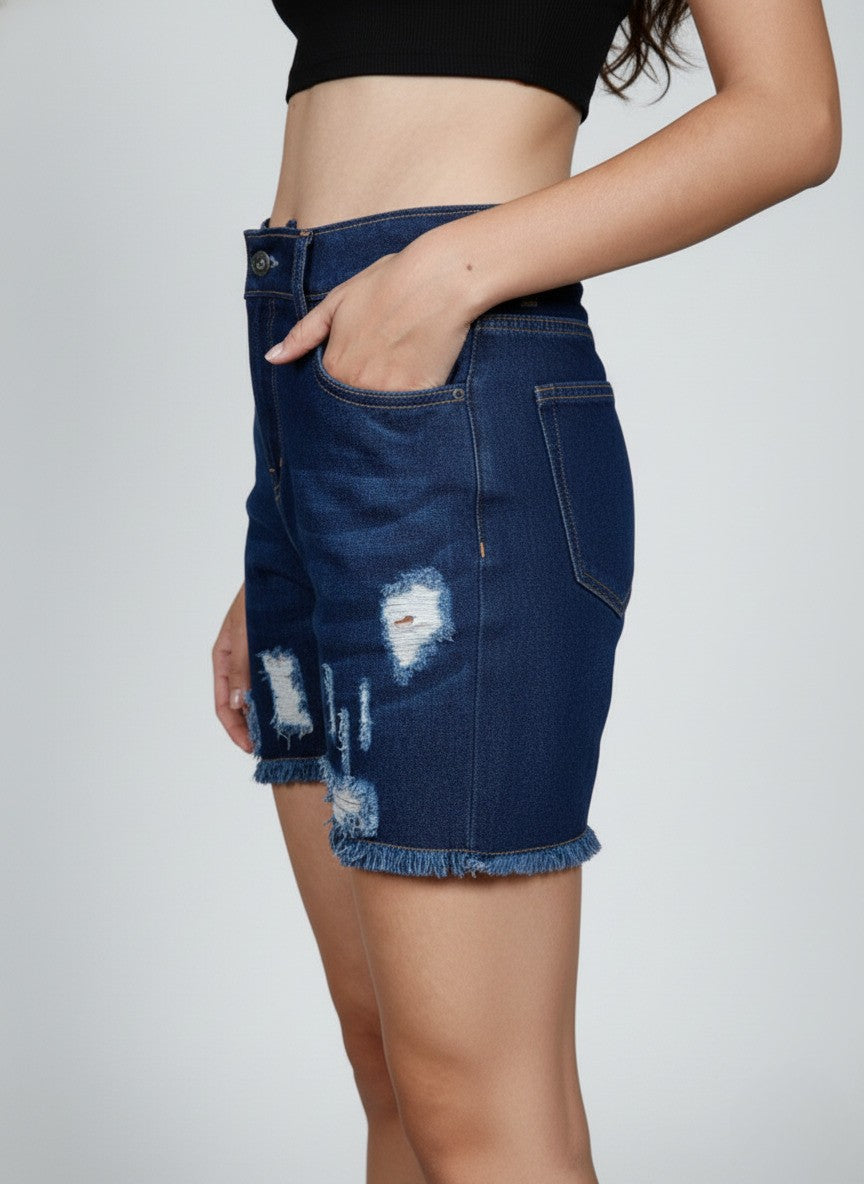 Blue High-Rise Ribbed Denim Shorts