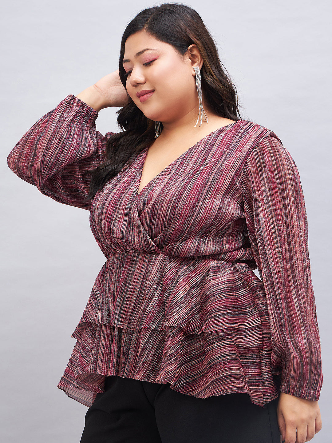 Plus Size Striped Puff Sleeve Layered Top