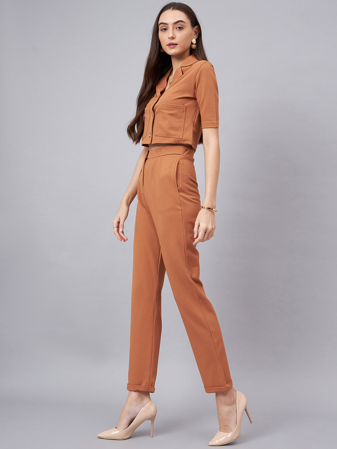 Brown Notched Lapel Collar Crop Top With Trouser