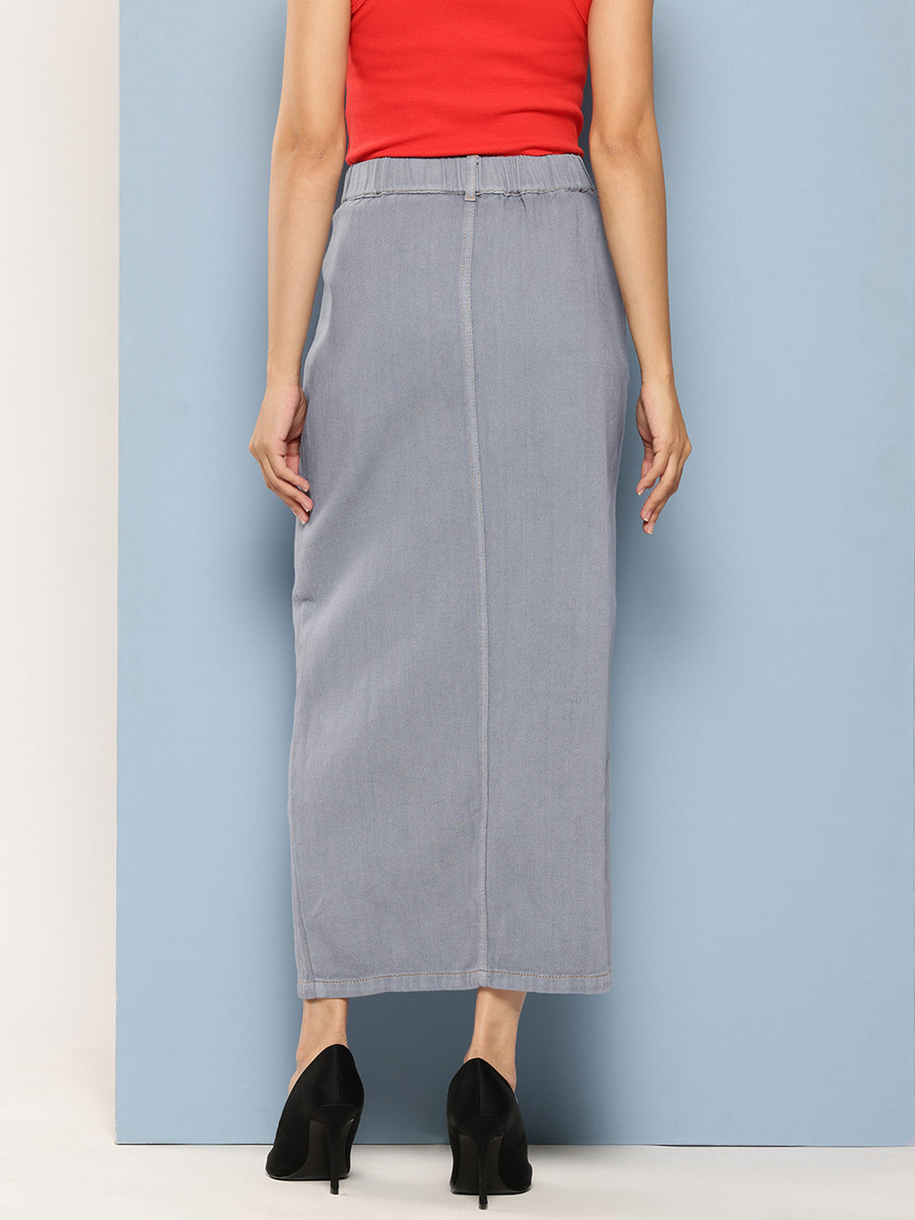 Grey Pure Cotton Denim Straight Maxi Skirt with Front Slit