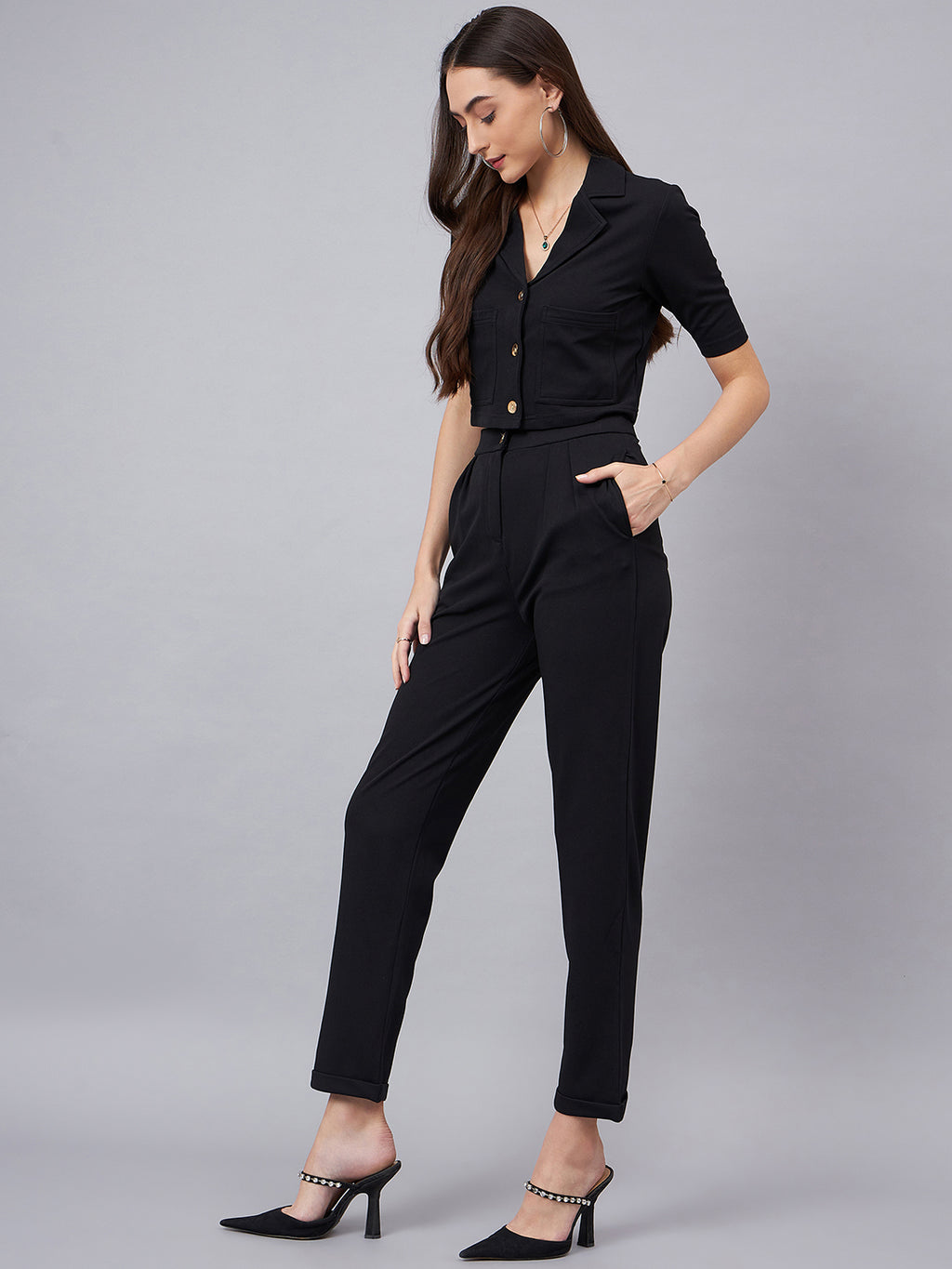 Black Notched Lapel Collar Crop Top With Trouser