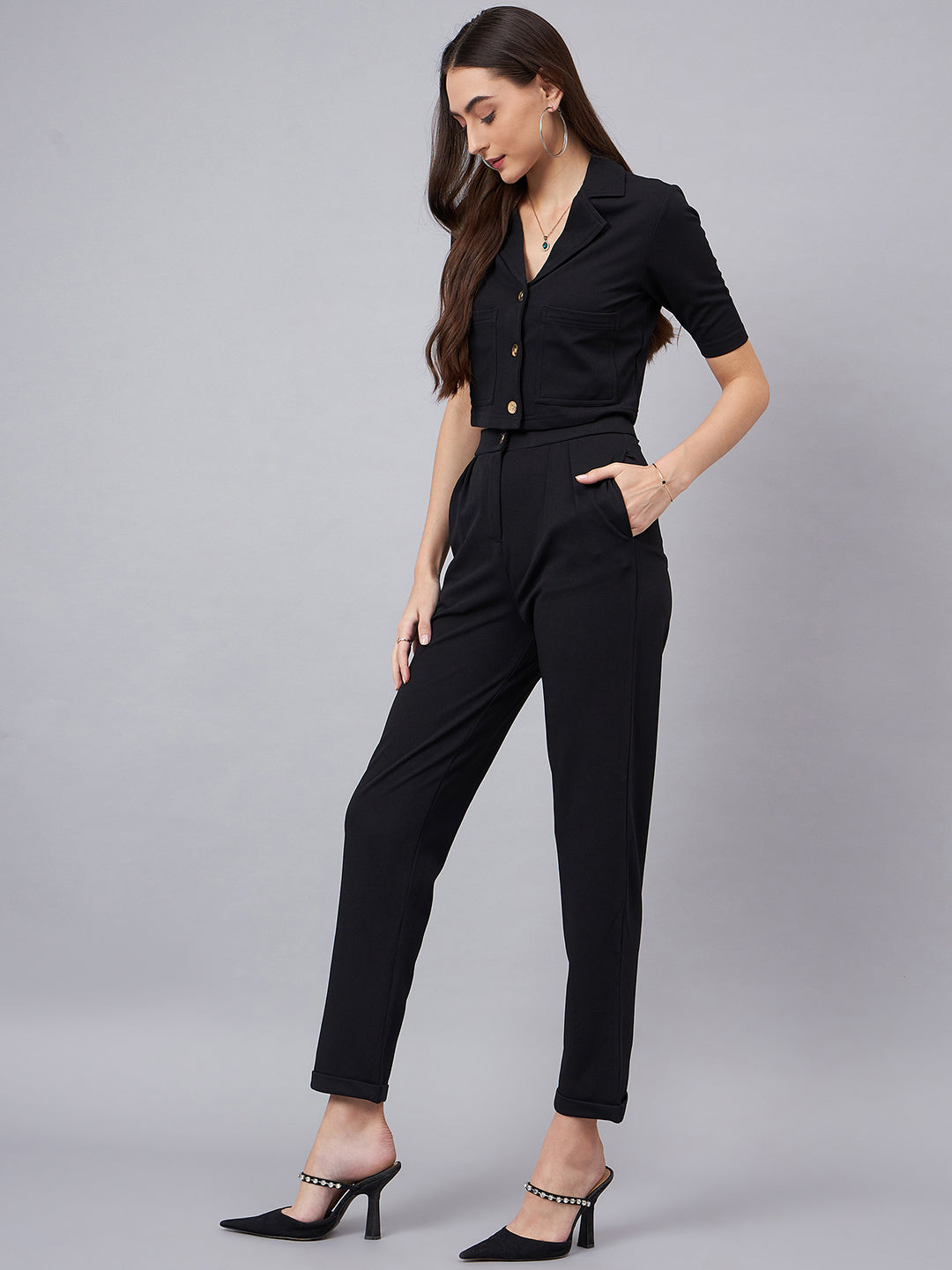Black Notched Lapel Collar Crop Top With Trouser