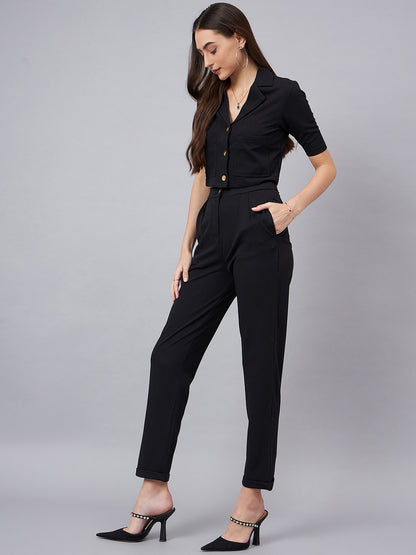 Black Notched Lapel Collar Crop Top With Trouser
