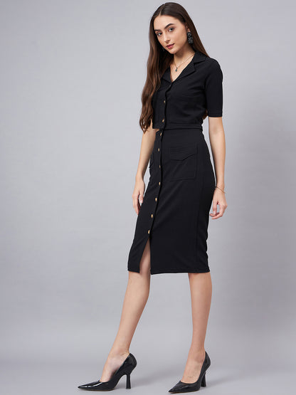 Black Crop Top With With Button Detail Skirt