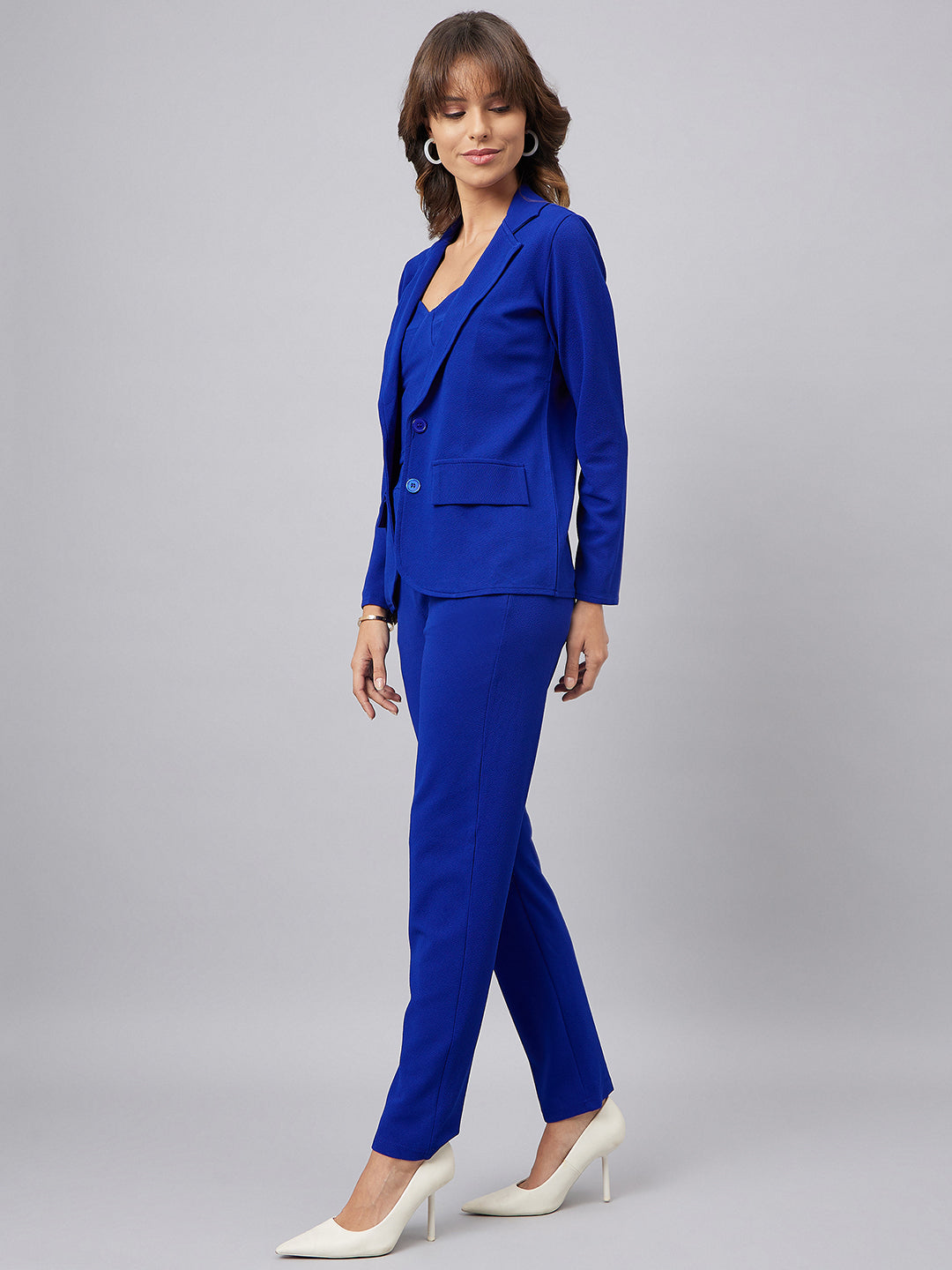 Sleeveless Crop Top With Shawl Neck Jacket & Trousers