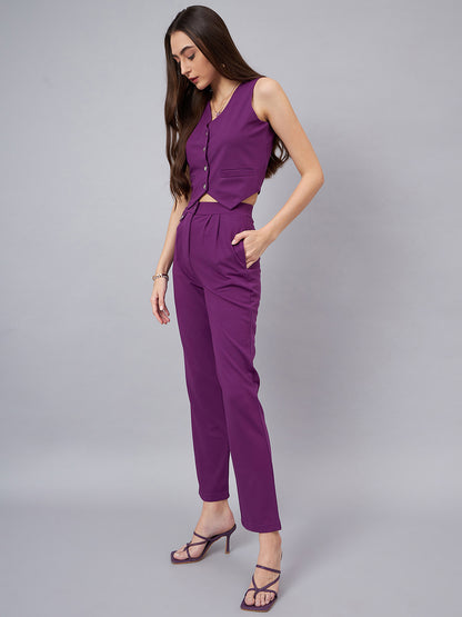 Purple V-Neck Crop Top With Trouser