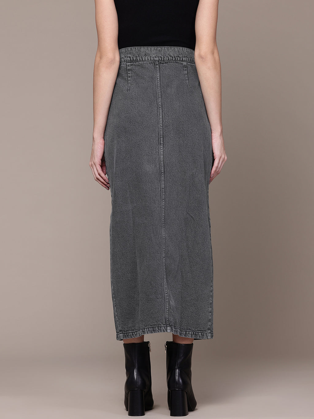 Pure Cotton Denim Straight Midi Skirt with Front Slit