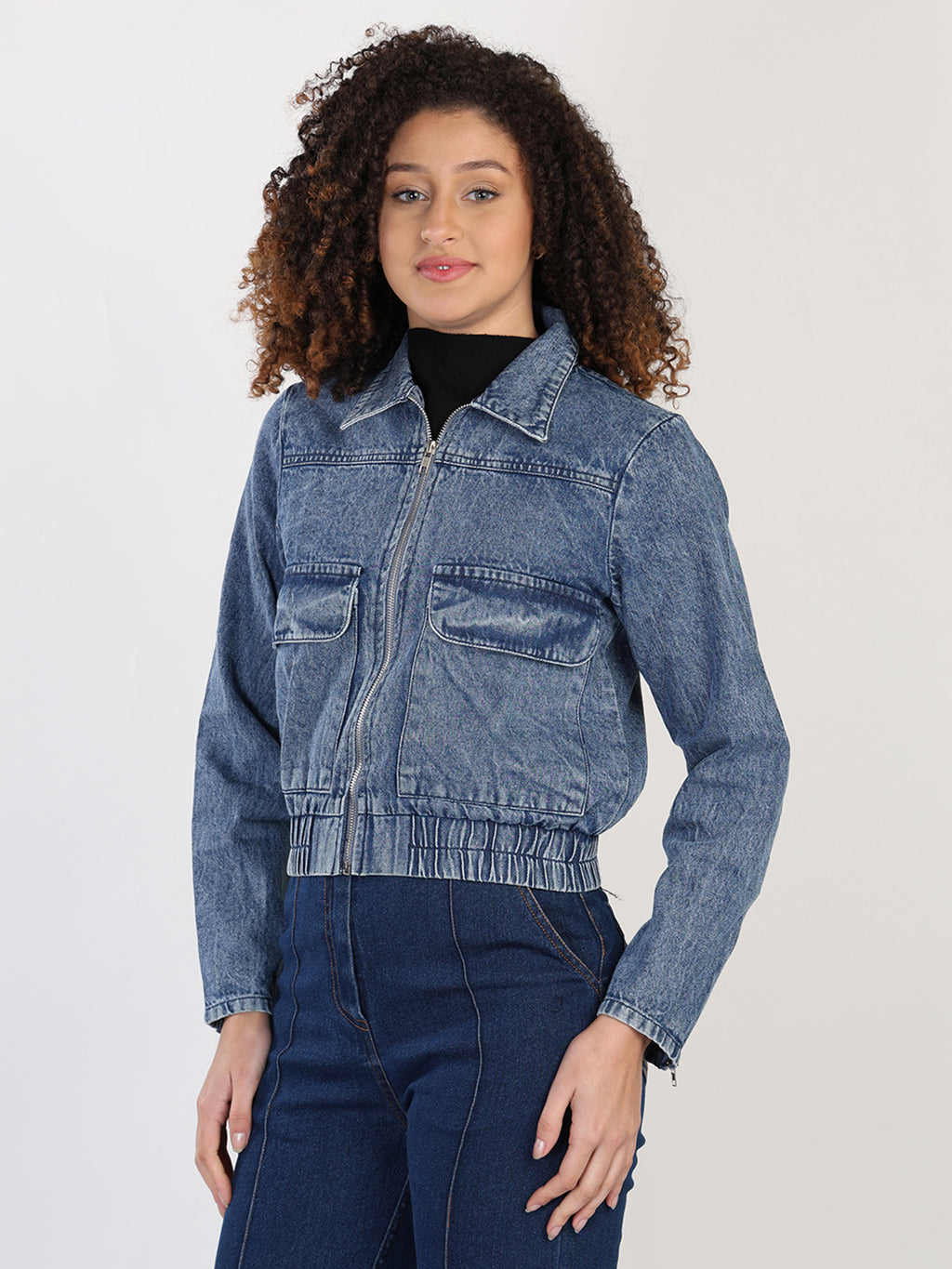 Spread Collar Washed Denim Jacket