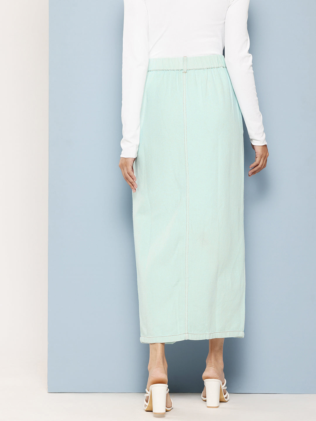 Pure Cotton Green Denim Straight Maxi Skirt with Front Slit