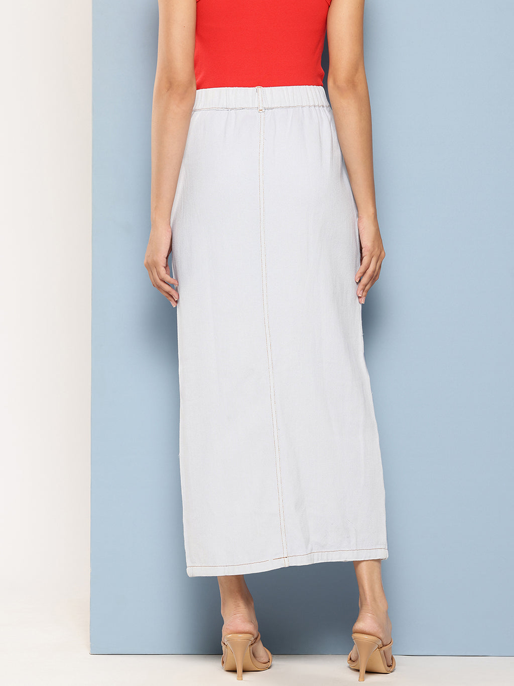 Pure Cotton Denim Straight Maxi Skirt with Front Slit