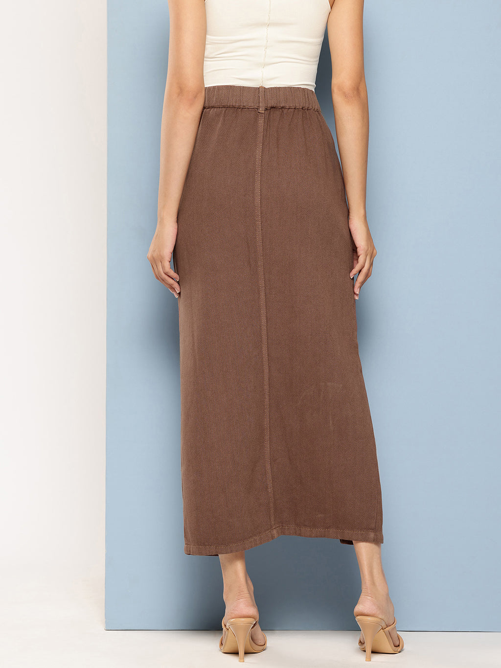 Pure Cotton Denim Straight Maxi Skirt with Front Slit