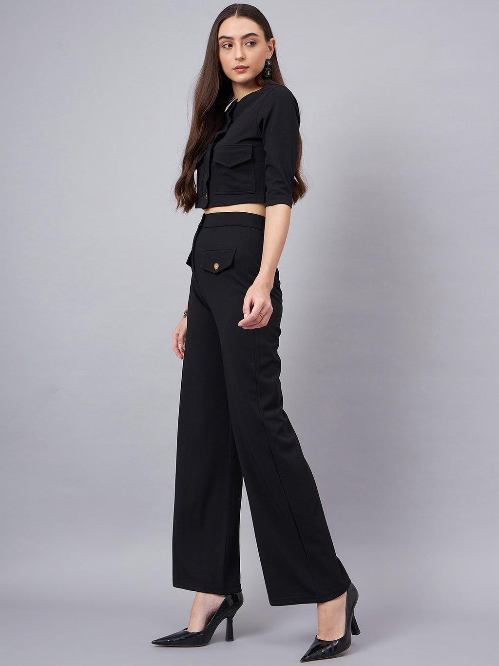 Black Round Neck Crop Top With Trouser