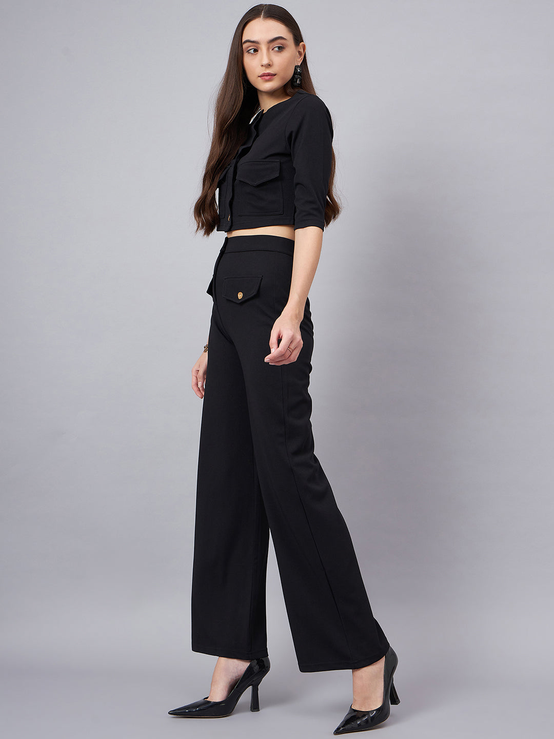 Black Round Neck Crop Top With Trouser