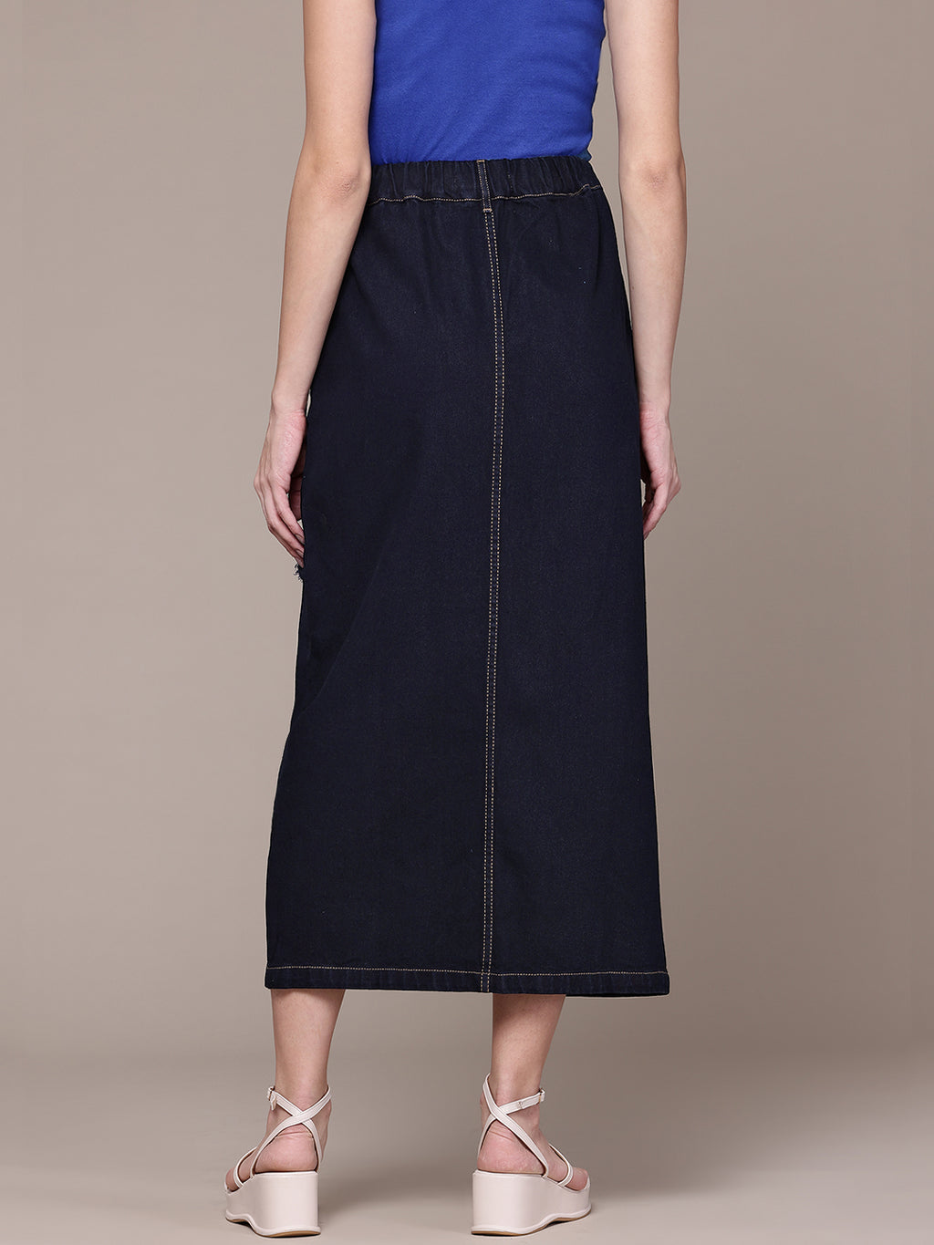 Distressed Pure Cotton Denim Straight Midi Skirt with Front Slit