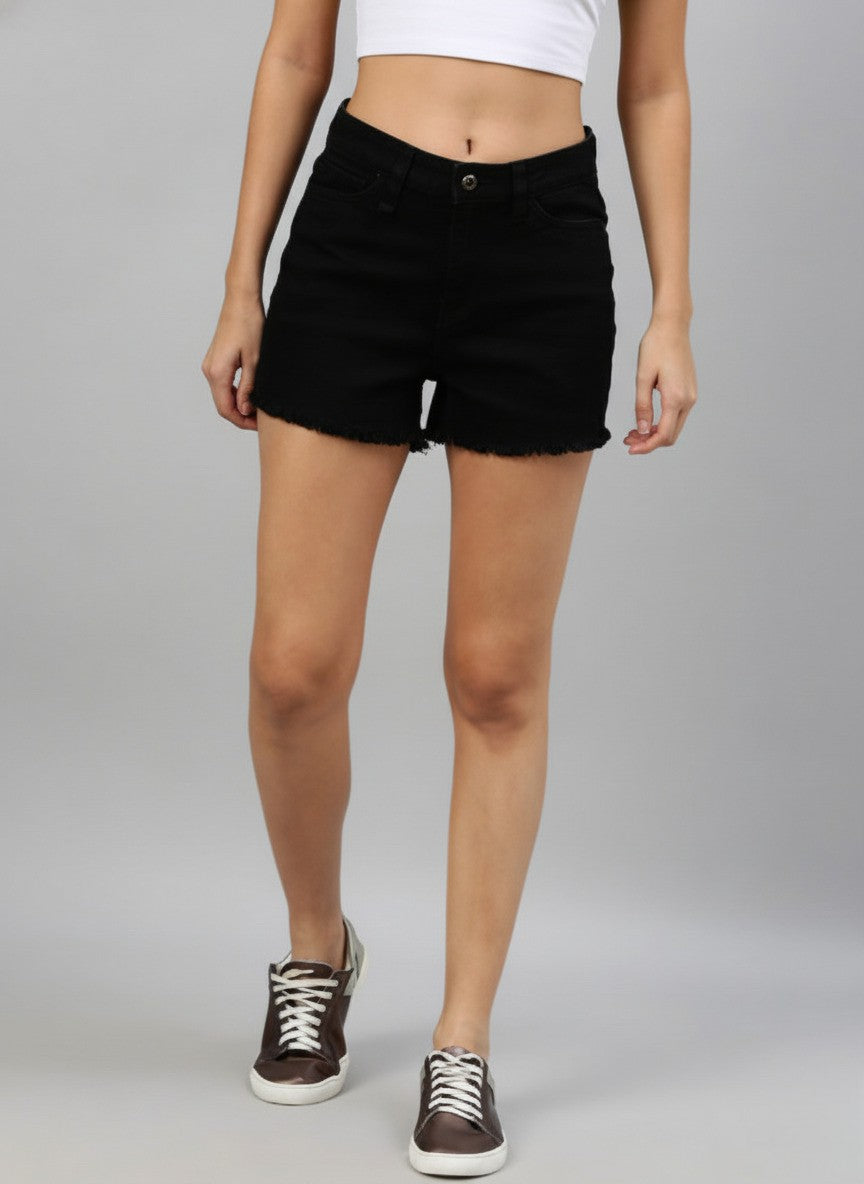 Black Solid Regular Fit Denim Shorts