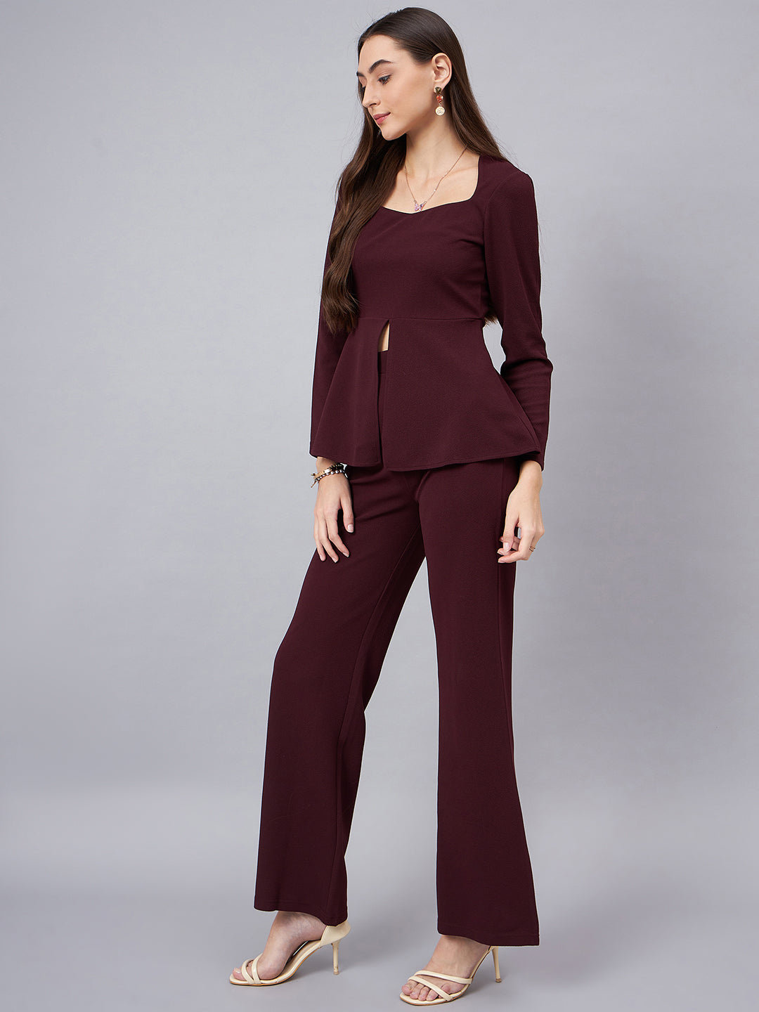Sweetheart Neck Peplum Top With Flared Trousers
