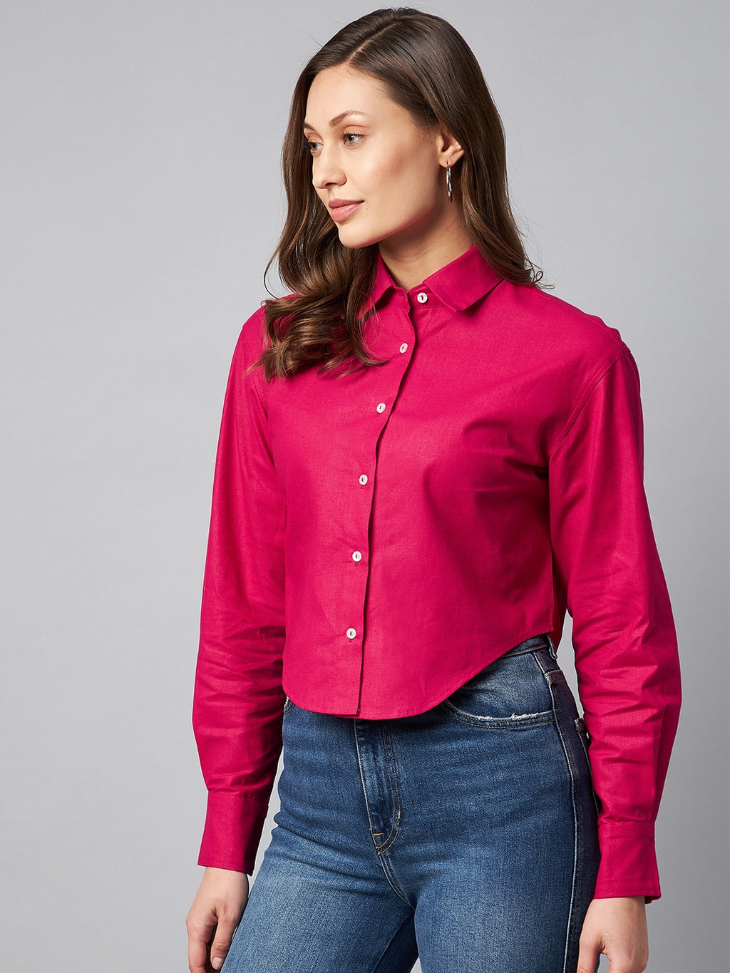 Spread Collar Cotton Crop Casual Shirt