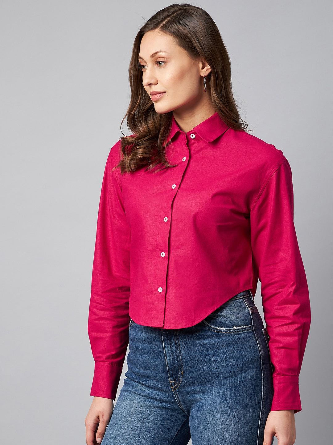 Spread Collar Cotton Crop Casual Shirt