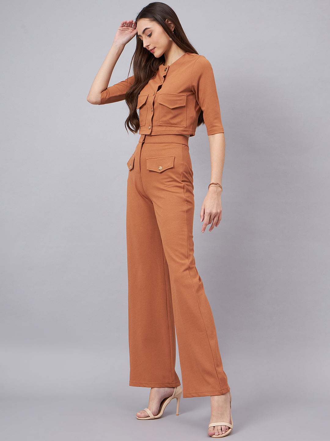 Brown Round Neck Crop Top With Trouser