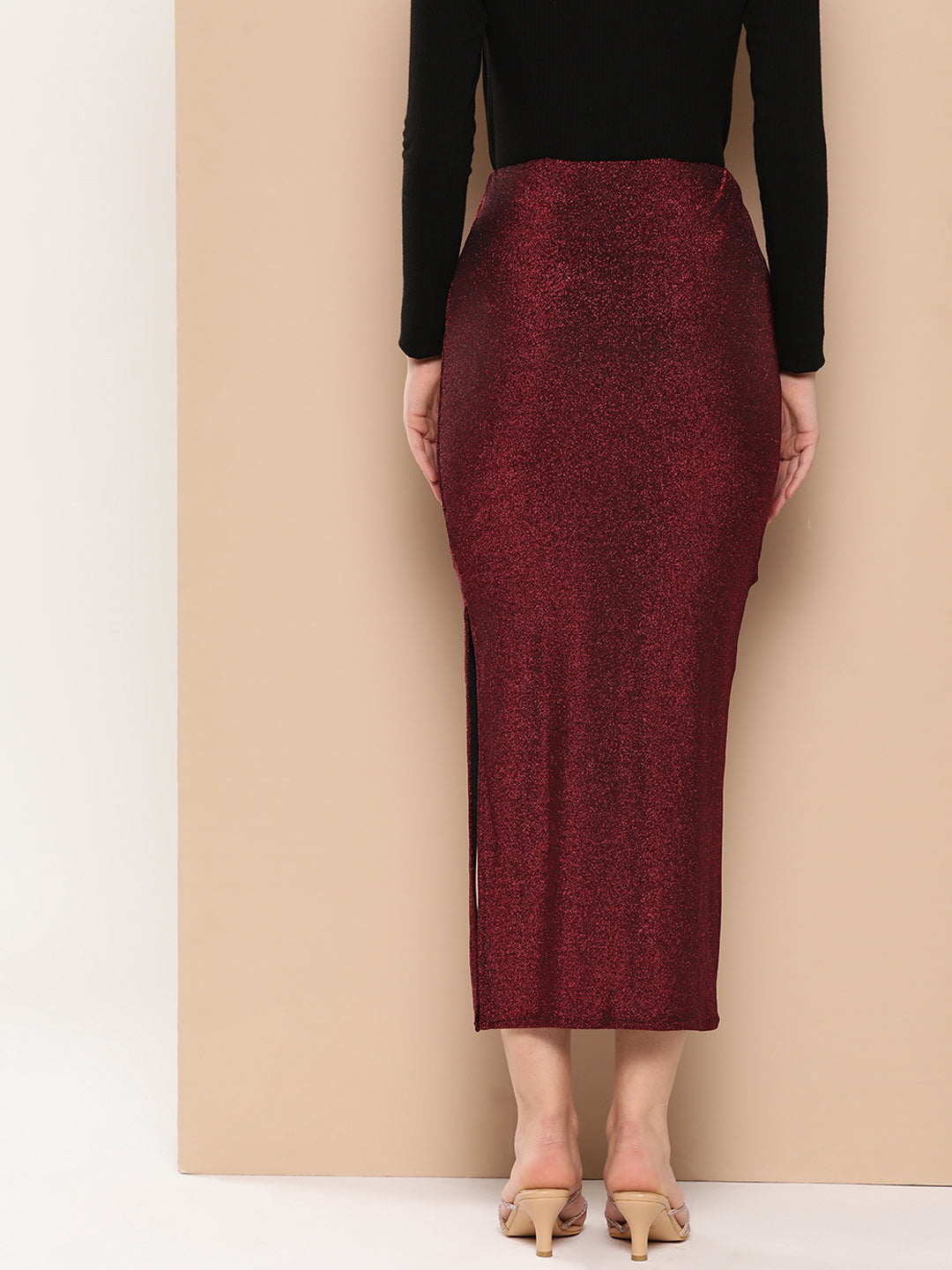 Women Solid Pencil Maroon Shiny Midi Skirt