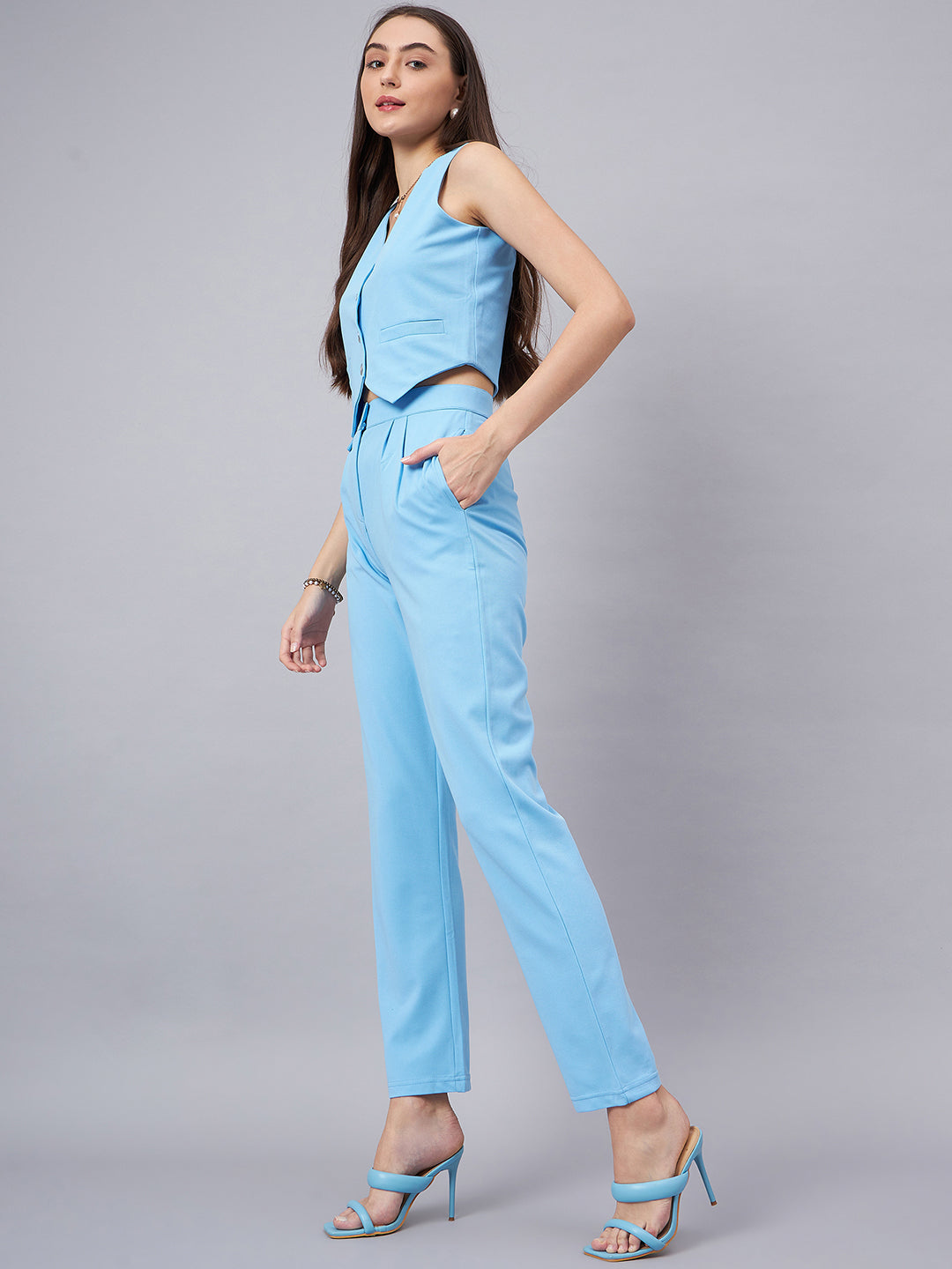 Blue V-Neck Crop Top With Trouser