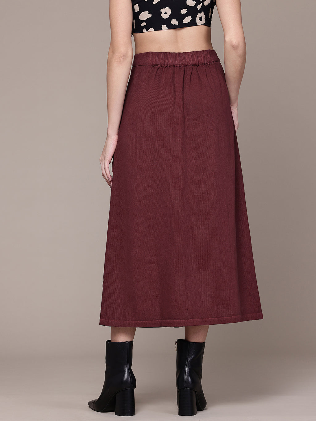 Maroon Denim Midi A-Line Skirt