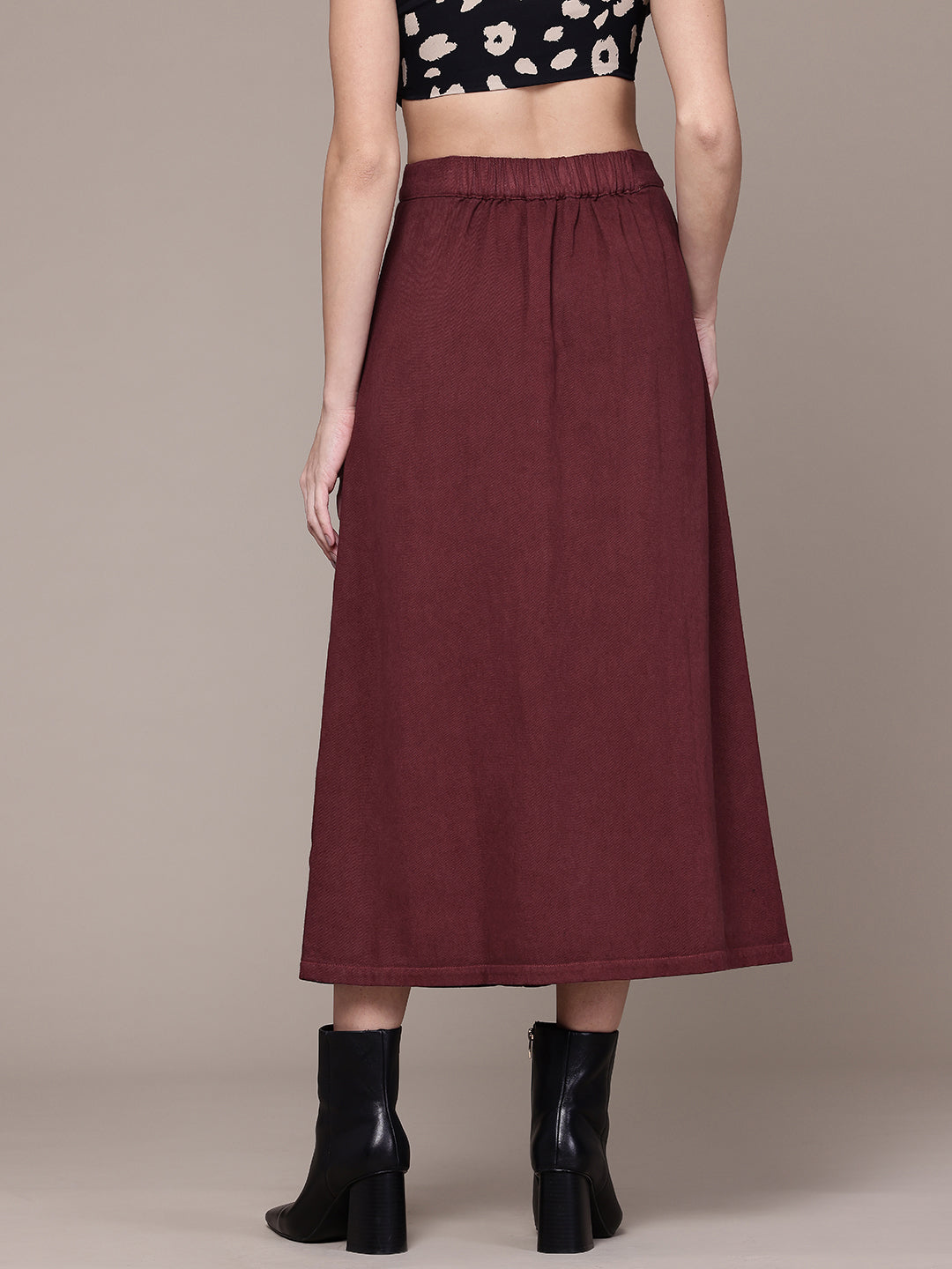 Maroon Denim Midi A-Line Skirt